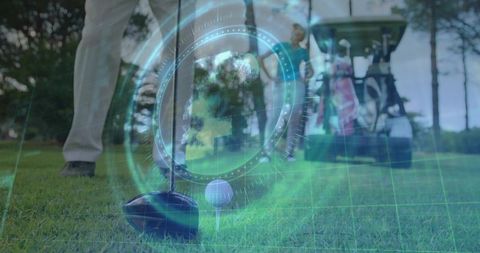Futuristic golf technology displaying driver and tee with holographic globe overlay