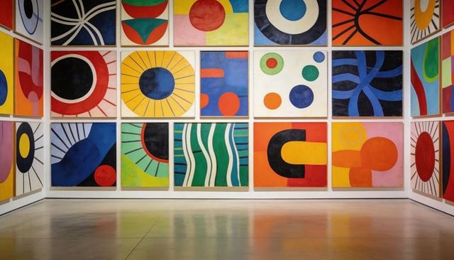 Vibrant geometric grid of colorblock canvases in modern gallery with reflective floor