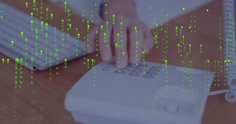 Dialing corded phone keypad with green binary overlay suggesting cybersecurity and telecom