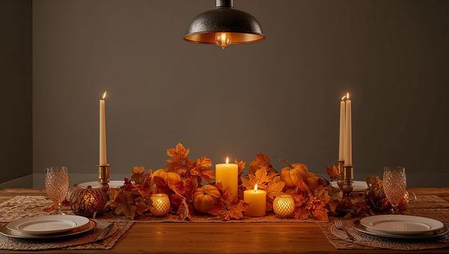 Autumn centerpiece with lit candles, mini pumpkins and fall leaves under warm pendant light
