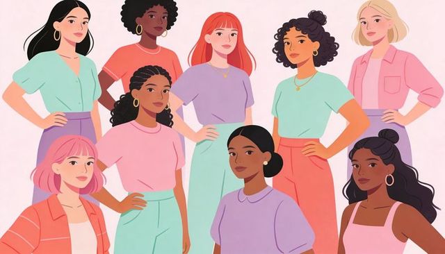 Standing diverse women celebrating unity and empowerment in pastel casual fashion