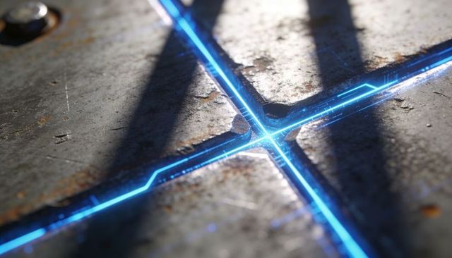 Glowing cyan x channel cutting through worn metal plates showing rusted rivets