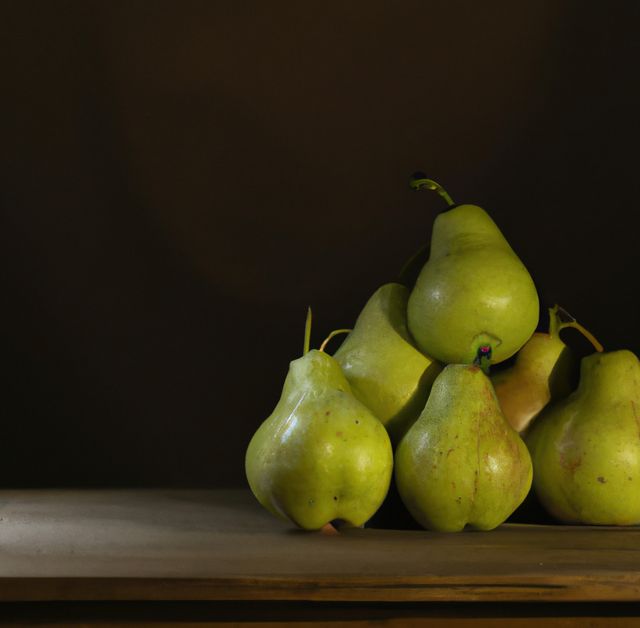 Pears stacking artistically on rustic wooden table against dark background. Ideal for promoting healthy eating, organic produce, or autumn harvest themes. Perfect for food blogs, culinary sites, or seasonal marketing materials.