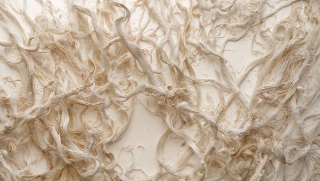 Tangling fraying natural fibers on cream surface for textile texture and craft design