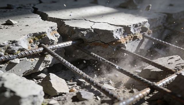 Fractured concrete slab revealing corroded rebar, dust and rubble sunlit construction site