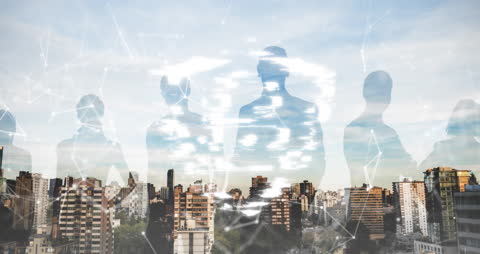 Digital Interface Animation Over Urban Skyline