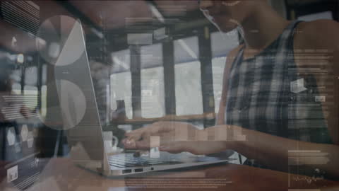 Woman Engaged with Laptop Surrounded by Data Graphics