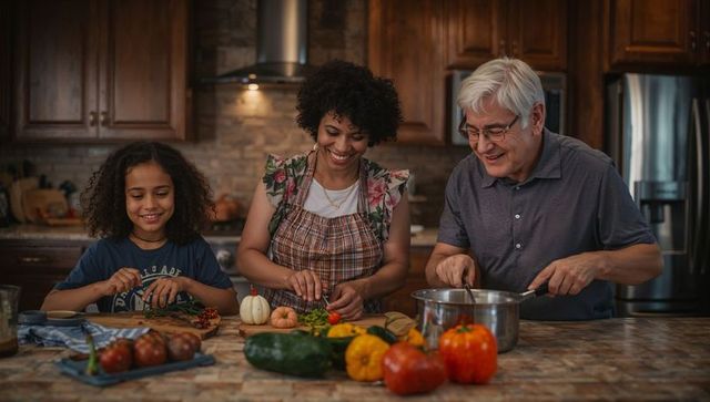 Family Cooking in Modern Kitchen with Fresh Vegetables