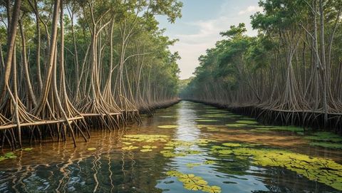 Tranquil mangrove channel with aerial roots and lily pads along bay of bengal
