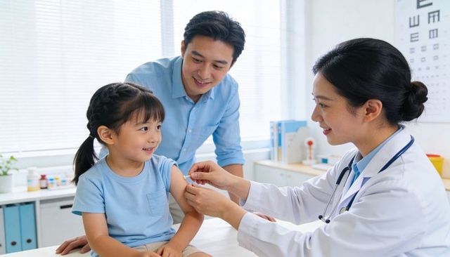 Pediatrician administering vaccine to smiling child while father watches in bright clinic