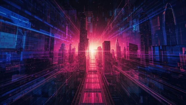 Futuristic cyberpunk cityscape with neon grid and holographic streams