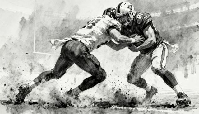 Dramatic inkwash football tackle with mud splatter, collision action, jersey 81 close-up