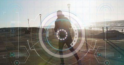 Futuristic Interface Overlays Jogger at Seafront - Download Free Stock Images Pikwizard.com