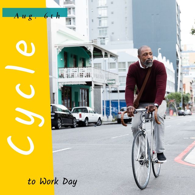 African american mature man riding cycle on street and aug 6th with cycle to work day text. copy space, digital composite, city, commuter, transportation, awareness, healthy and sustainable concept.