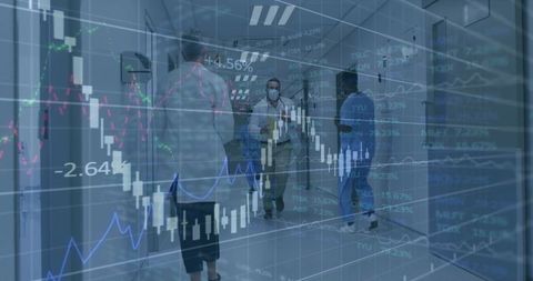 Healthcare Staff Navigating Hospital Corridor with Financial Data Overlay