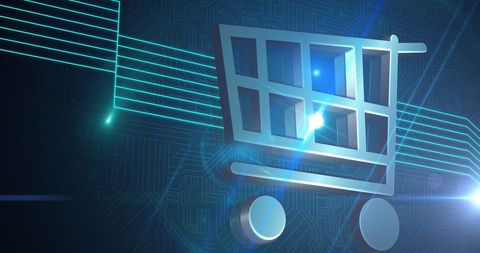Online shopping cart icon with digital circuit background