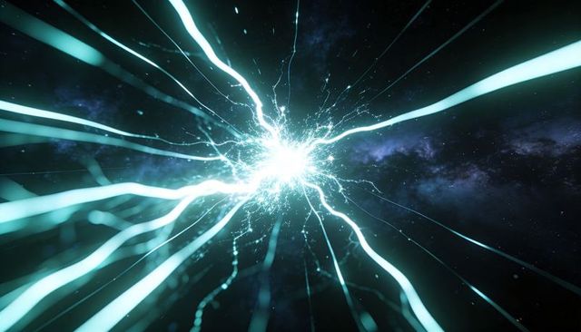 Radiating turquoise energy burst from galactic core with electric light streams