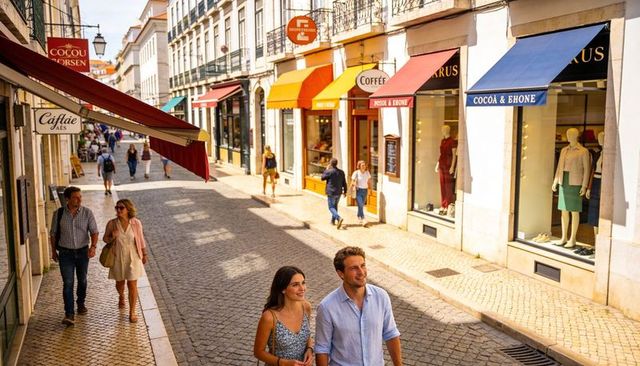 Sunlit cobblestone shopping street with smiling couple walking past colorful store awnings