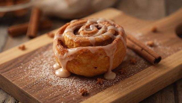 Glaze-dripping cinnamon roll on wooden board with cinnamon sticks and powdered sugar