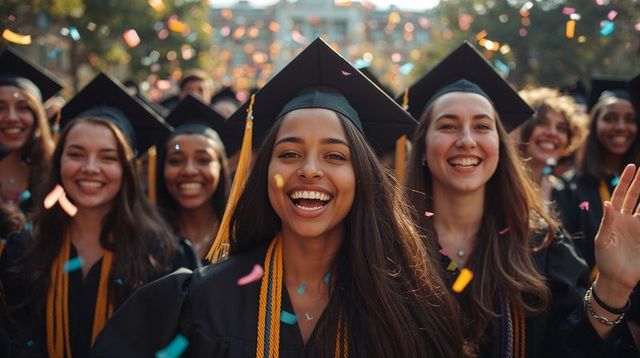 Smiling female graduates celebrating commencement with confetti and mortarboards