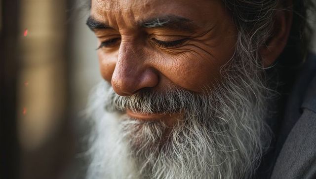 Smiling middle eastern elder man with long white beard and deep wrinkles in warm light