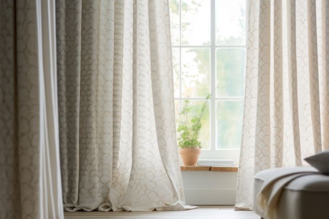 Cozy window corner featuring beige curtains and a small potted plant with natural light streaming in. Ideal for use in articles about home decor, interior design inspiration, peaceful living spaces, and creating cozy corners in homes.