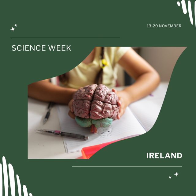 Illustration of Science Week in Ireland features a young biracial girl engaging hands-on with a brain model. This can be used in educational contexts, promotional materials for science events, or back to school campaigns focusing on biology and scientific learning for children aged between primary and secondary school.