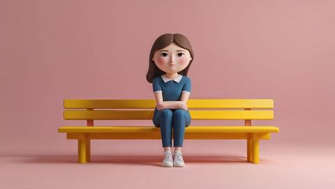 Contemporary minimalist art illustration with woman in casual clothing on bench - shy concept
