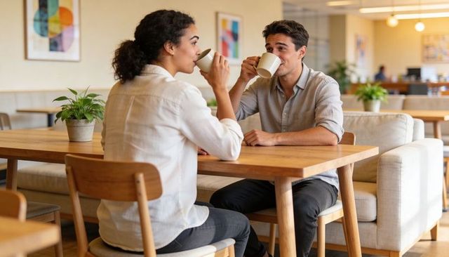 Couple sipping coffee and chatting in modern coworking cafe with wooden table and mugs