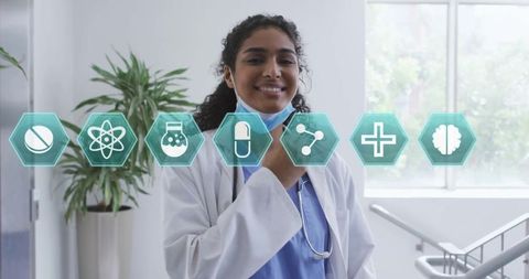 Confident Doctor Adjusting Stethoscope in Modern Clinic with Medical Icons