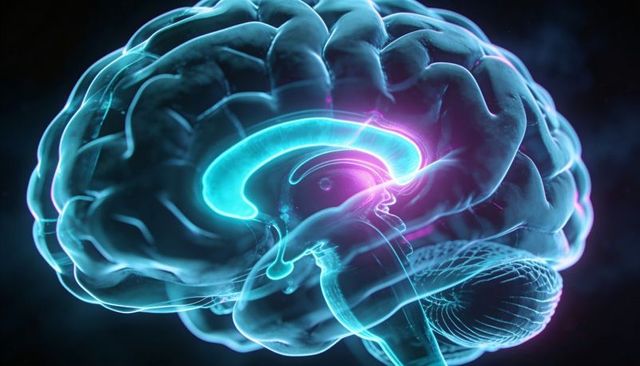 3D Translucent Neon Brain Highlighting Corpus Callosum and Cerebellum
