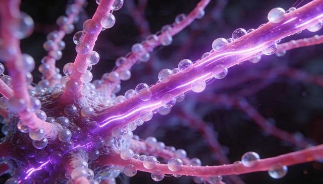 Luminescent neuron network sending violet pulses with bead-like droplets