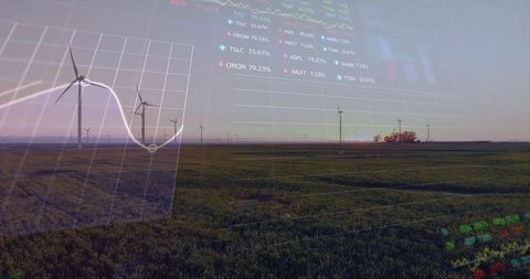 Wind Turbines on Sunset Farmland with Financial Data Overlay