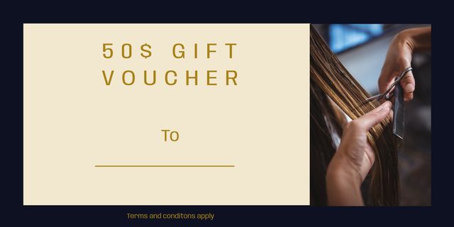 Elegant template displaying a $50 gift voucher for a hair salon. Perfect for beauty salons to offer as a promo or gift item. Features professional hairstyling imagery, enhancing the allure. Ideal for attracting clients looking for a stylish hair transformation. Can be personalized with recipient's name for a thoughtful gift.