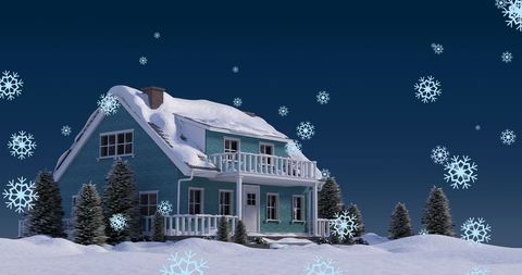 Snowy House at Night with Falling Snowflakes