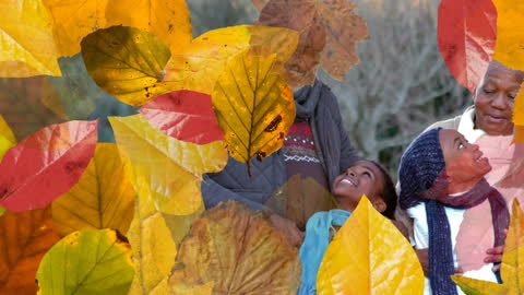 Joyful Family in Autumn Park with Falling Leaves Overlay