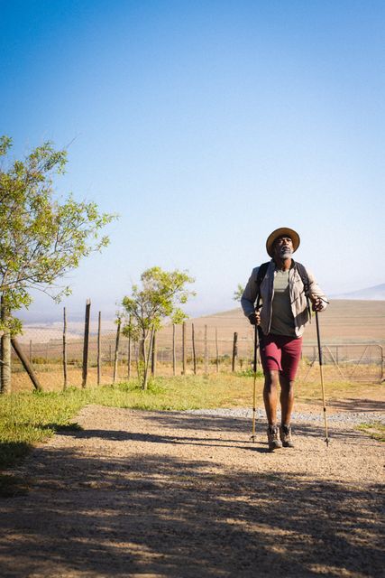 African american senior man wearing hat with poles hiking on landscape against clear sky. Copy space, summer, unaltered, retirement, vacation, solitude, nature, beard and active lifestyle.