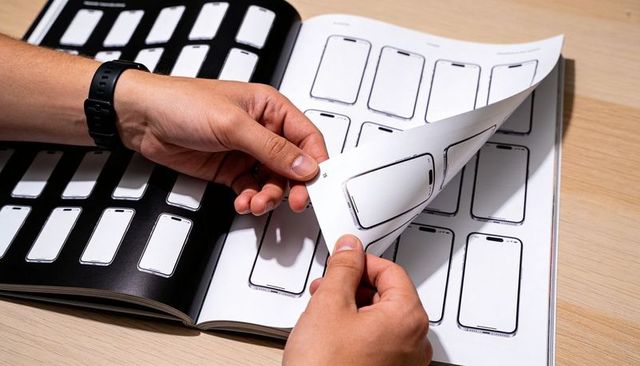 Hands flipping smartphone mockup catalog pages showing blank phone outlines for ui design