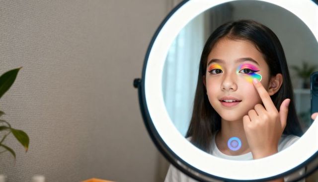 Preteen girl applying rainbow eyeshadow using led ring light mirror for selfie