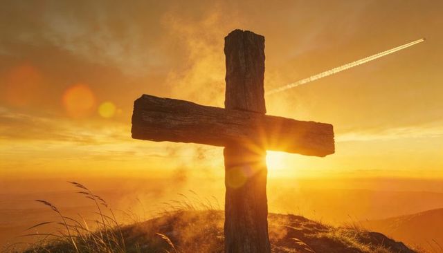 Weathered wooden cross on hilltop at golden sunset with sunburst and lens flare