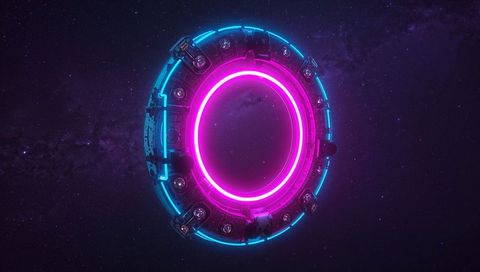 Glowing neon sci-fi portal floating in deep space with magenta core and cyan accents