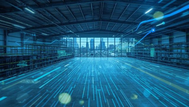 Futuristic Warehouse with Digital Data Streams and City View