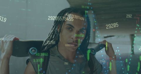 Contemplative Skater with Financial Overlay Indicating Market Trends