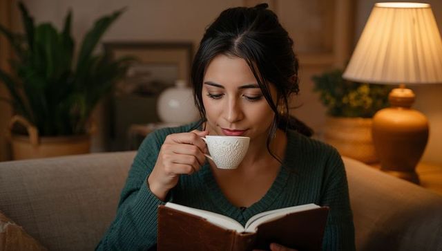 Young woman sipping tea while reading book on couch in cozy warm-lit evening living room