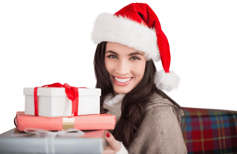 Smiling Woman in Santa Hat Holding Gifts on Transparent Background