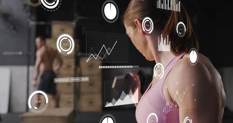 Female Athlete Performing Dumbbell Curl with AR Fitness Data Overlays in Gym Training