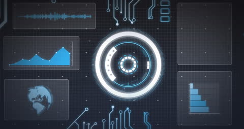 Futuristic Digital Interface with Data Charts and Global Network