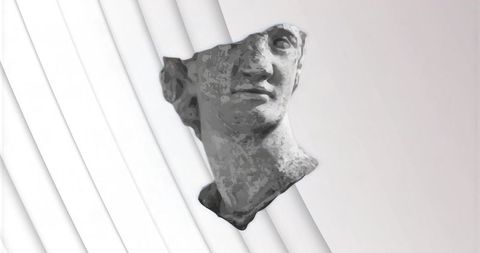 Floating marble bust head with diagonal panels minimalist monochrome sculpture