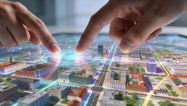 Two Hands Interacting with 3D City Map on Touchscreen for Urban Planning and Routing