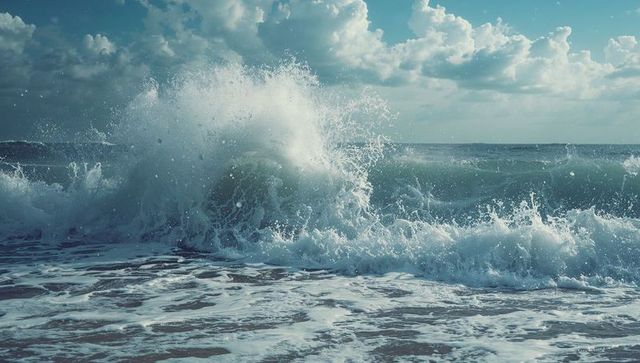 Dramatic ocean waves crashing on sandy shore with stormy clouds